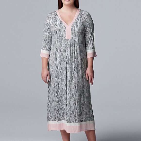 SIMPLY VERA VERA WANG 1/2 Sleeve "Maxi" Caftan Gray White Long Nightgown Pajamas - Picture 1 of 16
